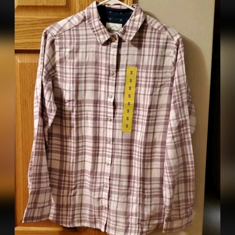 NWT Jachs Girlfriend Women's Cozy Soft Flannel Size S Pink & White Plaid Shirt